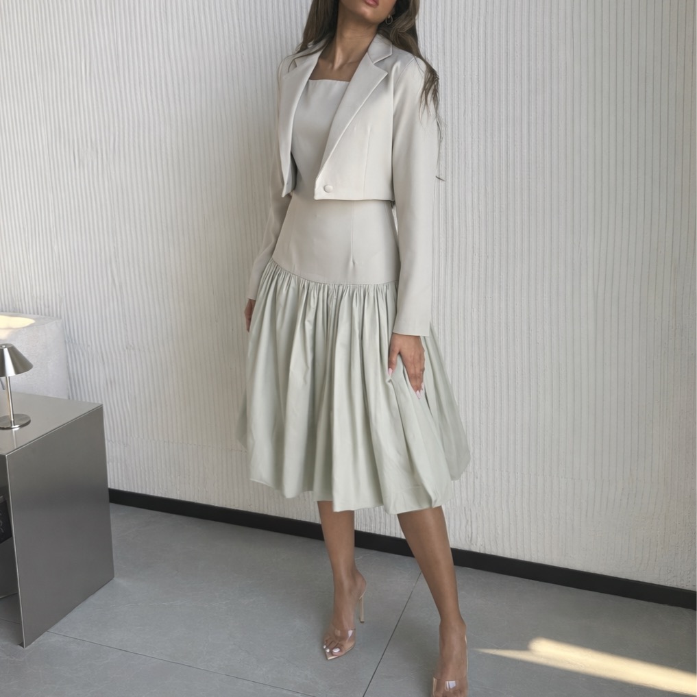 بدلة فستان+بليزر (بيج)